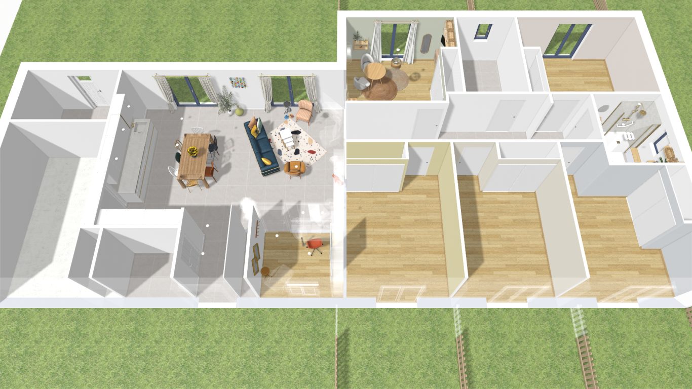 Vue aérienne globale de la construction à aménager Les plans 3D et les visualisations réalistes offrent une lecture claire des volumes, notamment grâce à une vue aérienne du projet.