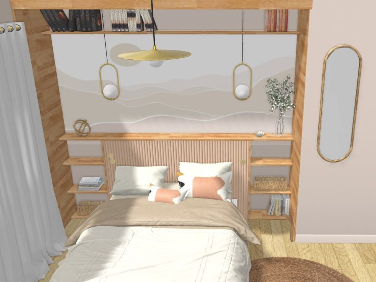 Rénovation de la chambre parentale à Ayguesvives: rose poudrée et chaleur naturelle du bois, tête de lit avec des espaces de rangements - 