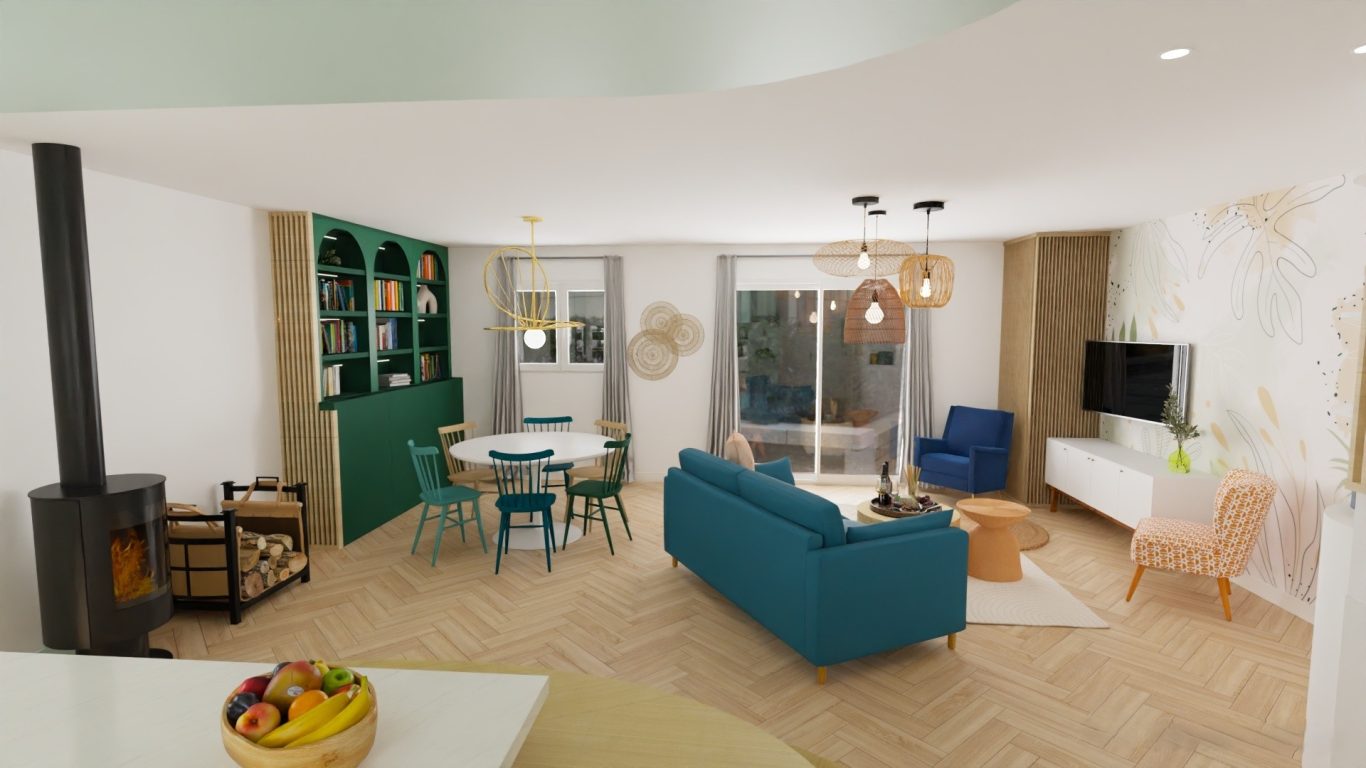 Ambiance naturelle chic, harmonieuse et toute en rondeurs. Conception de l'aménagement et la décoration de l'espace de vie -Rénovation ambiance naturelle chic