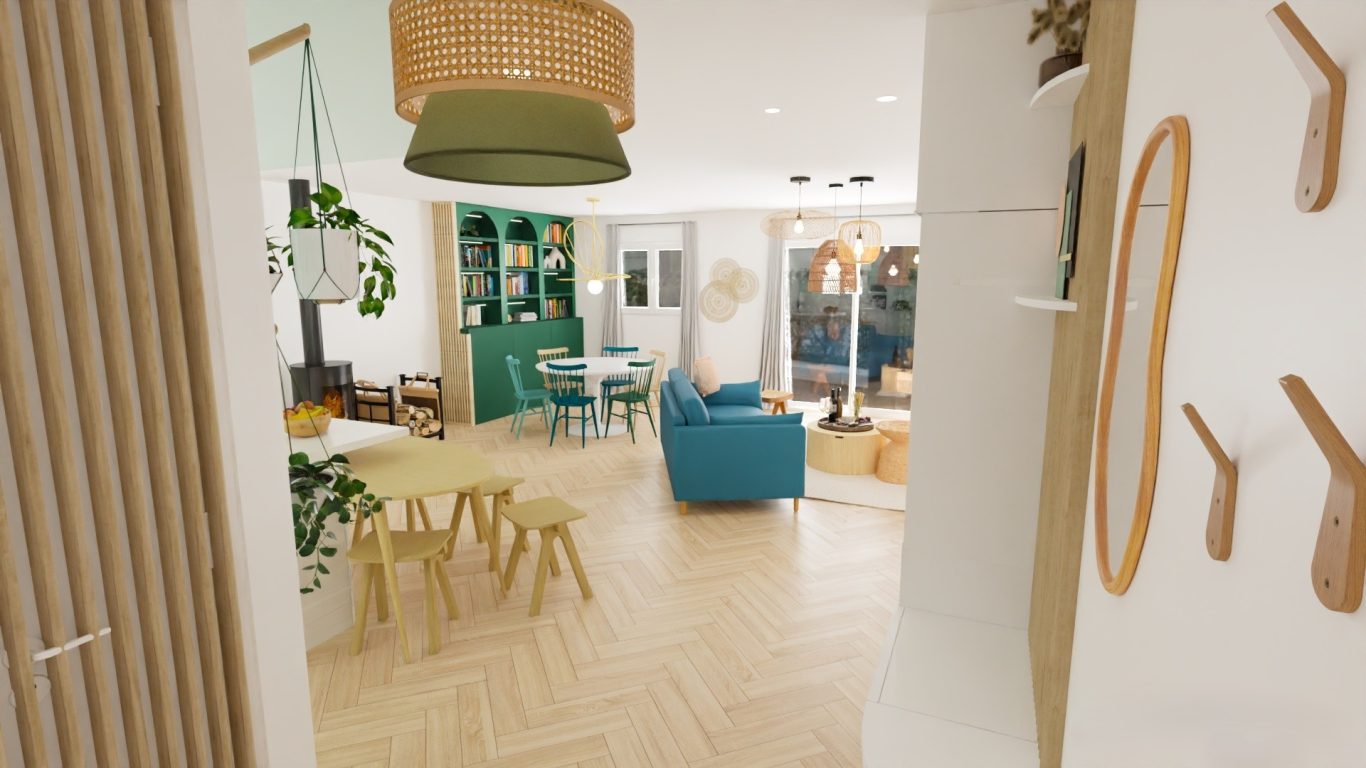 Vue depuis l'entrée après la conception du nouvel aménagement Le projet de conception a repensé tout l’agencement et la décoration pour créer un espace de vie agréable et adapté aux besoins quotidiens.