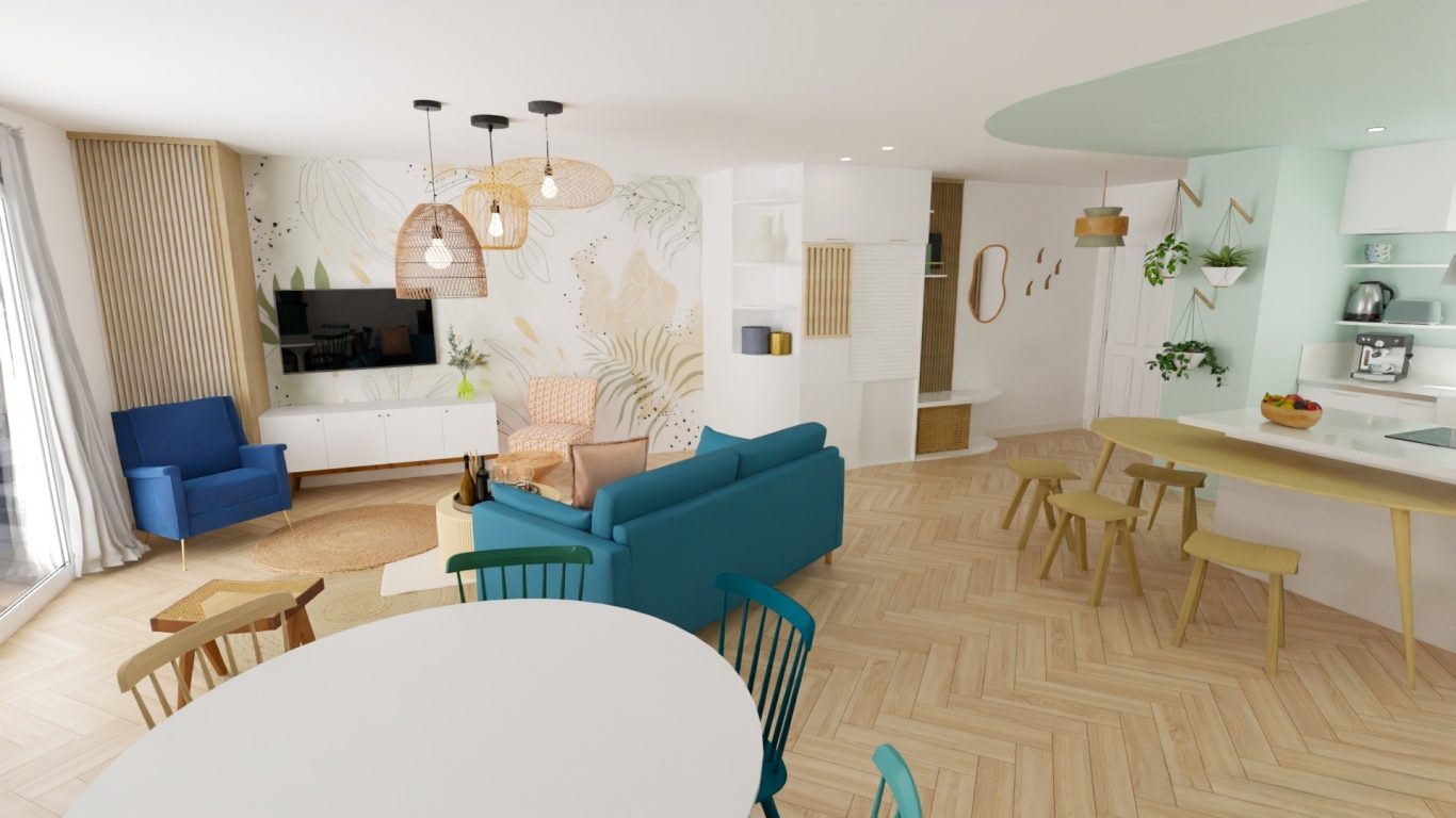 Organisation des espaces fluides et organisés. Visuel de l'aménagement après rénovation de l'espace de vie -Conception d'espaces intérieurs