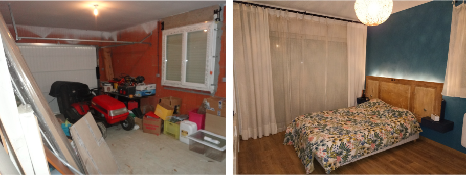 Grosse rénovation pour ce garage transformé en chambre. Une porte ancienne apporte charme et originalité à la tête de lit.