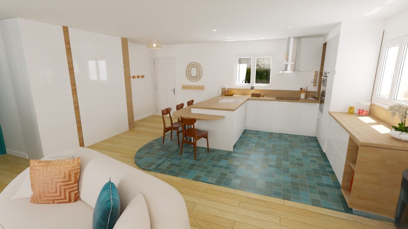 Visuel 3D d'une rénovation de cuisine ouverte blanche et bois avec espace repas. Aménagement d’une cuisine ouverte dans une pièce de vie optimisée - Démarcation des espaces par le revêtement au sol à Toulouse.