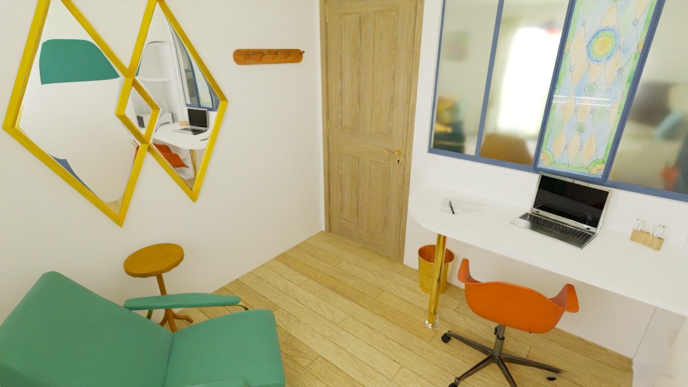 Décoration dynamique et moderne dans le bureau destiné aux aidants Aménagement et décoration intérieure d'un bureau fonctionnel et pratique avec stockage et espace de repos - Construction dans le Lauragais