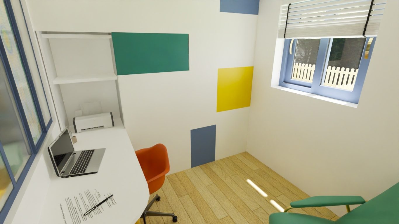 Aménagement adapté avec bureau, stockage et espace de repos pour l'aidant. Aménagement et décoration intérieure d'un bureau fonctionnel et pratique avec une vue sur l'espace de vie - Construction dans le Lauragais