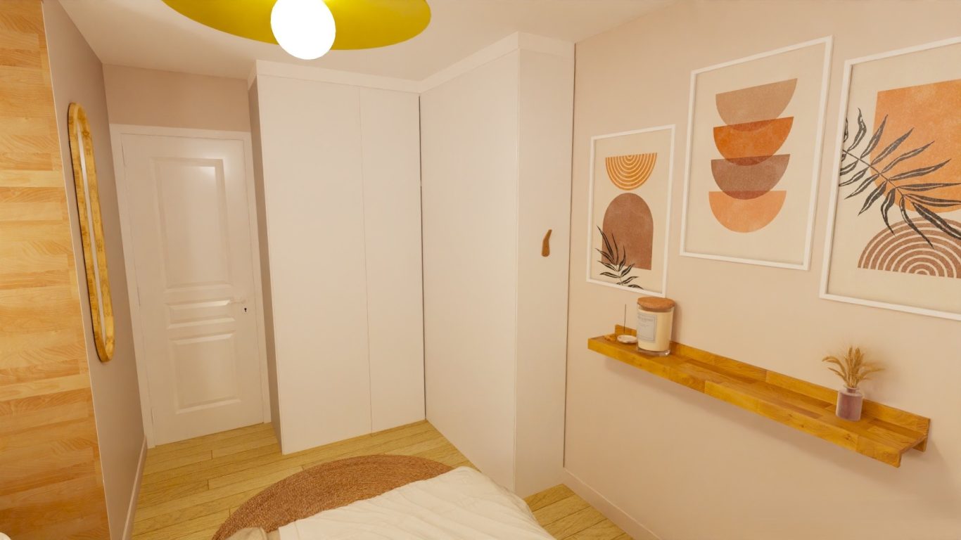 Un espace dressing dès l’entrée de la pièce facilite l’accès à la zone d’habillage. Des visuels et une conception 3D ont été réalisés en amont afin d’accompagner la rénovation et de permettre une projection réaliste.