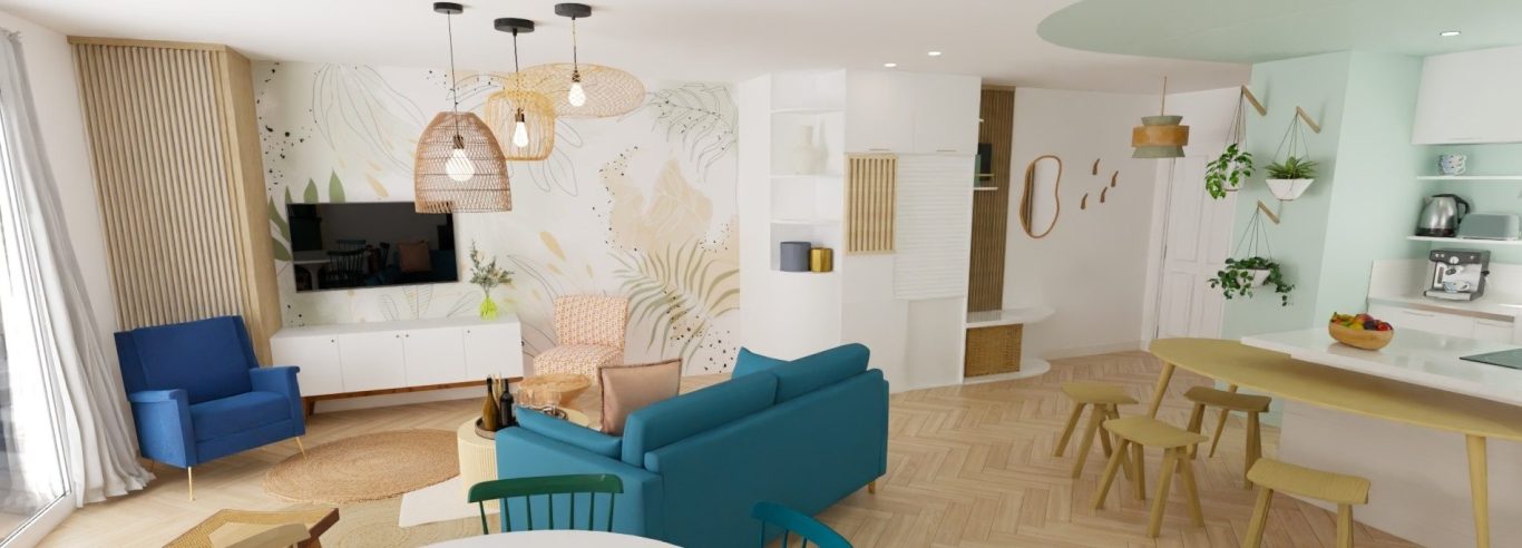 Conception 3D d'un salon avec un espace bureau invisible, matériaux et meubles chaleureux, teintes harmonieuses - aménagement et décoration