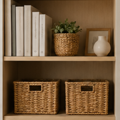 Etagère aérée - décoration valorisée Désencombrement et organisation des étagères - Coaching personnalisé autour de Toulouse