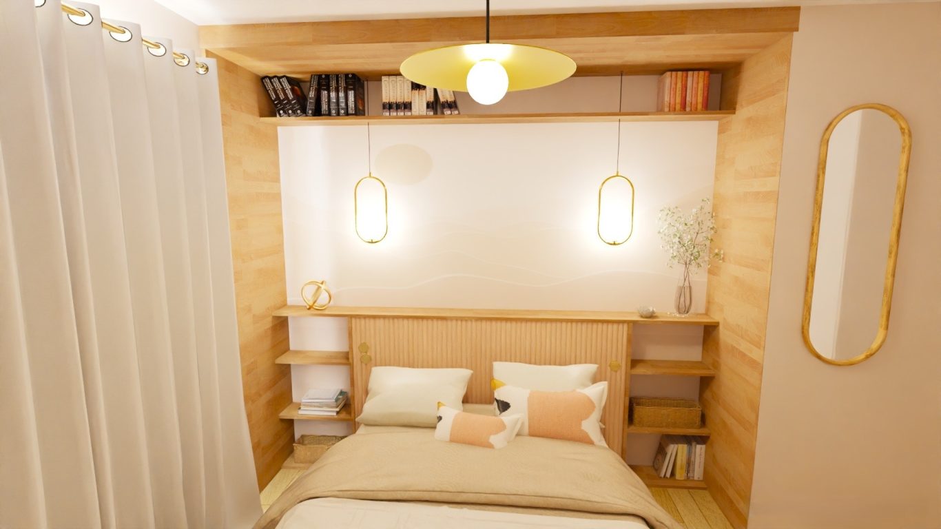 La conception intègre une tête de lit sur mesure avec espaces de rangement, alliant esthétique et praticité. Visuels de la rénovation de chambre parentale à Ayguesvives, pensée comme un espace de couchage à la fois apaisant et fonctionnel.
