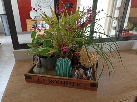 Quoi de mieux qu'une entrée accueillante! Plateau en bois, petits contenants variés agrémentés des fleurs du jardin