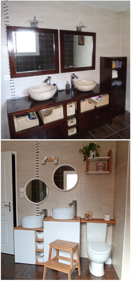 Le meuble imposant a été remplacé par des vasques adaptées à la taille des enfants ainsi qu'un toilette.