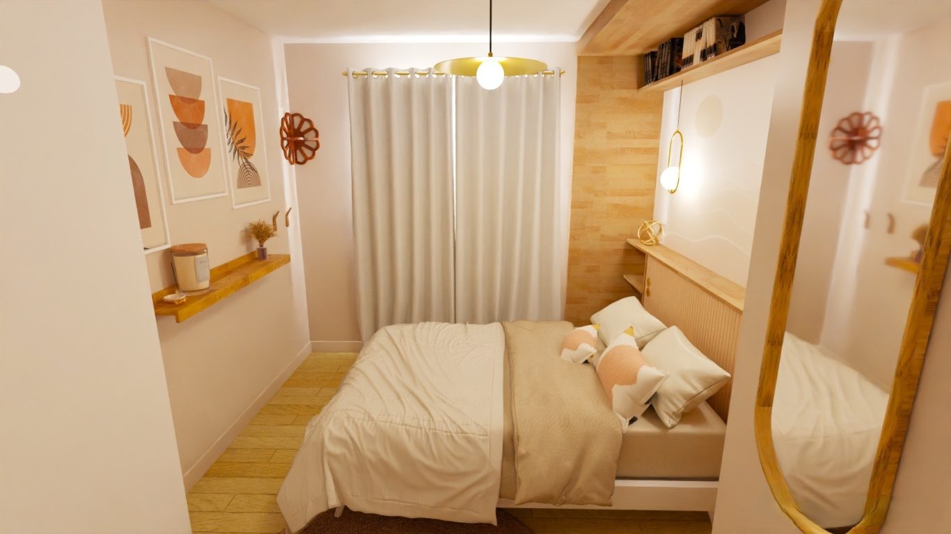 Une palette de teintes douces, associant le rose poudré à la chaleur naturelle du bois, crée une atmosphère apaisante. Aménagement intérieur, optimisation de l’espace et décoration harmonieuse se conjuguent pour répondre aux besoins du quotidien.