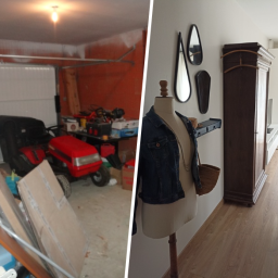 Conception d'un espace parental chaleureux. La tondeuse et les outils laissent place à des meubles et matériaux authentiques.