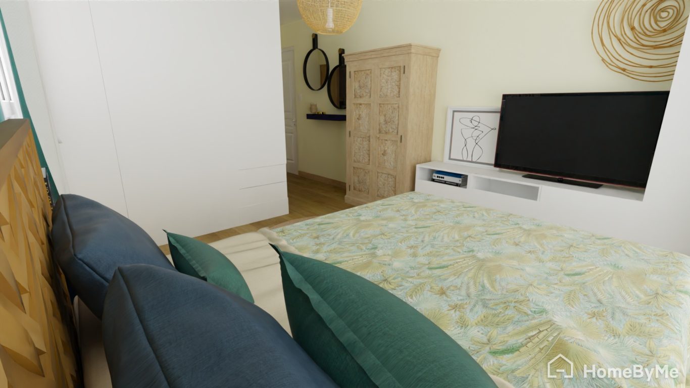 Projection 3D de l'aménagement de la chambre Projet de conception d'une suite parentale dans le Lauragais - Changement de destination de l'ancien garage