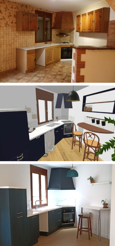 A l'aide du projet 3D, on passe de l'ancienne cuisine démodée à un espace moderne et stylé