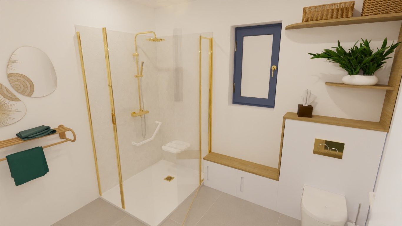 Conception de la salle d'eau adapté aux PMR Conception en photos réalistes de la salle d'eau adapté PMR pour une maison en construction dans le Lauragais.