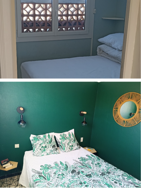 Peu de travaux dans cette chambre pour un résultat dynamique. La peinture vert exotique et les accessoires en bois apportent le charme.