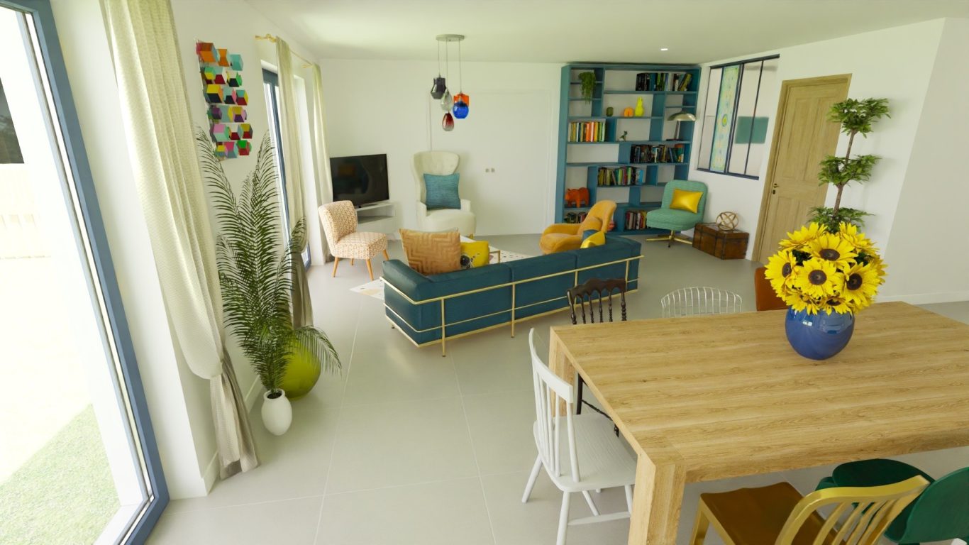 Décoration mix and match de mobiliers et de styles Le salon coloré adopte une approche mix and match de mobiliers et de styles, créant une atmosphère chaleureuse et contemporaine.