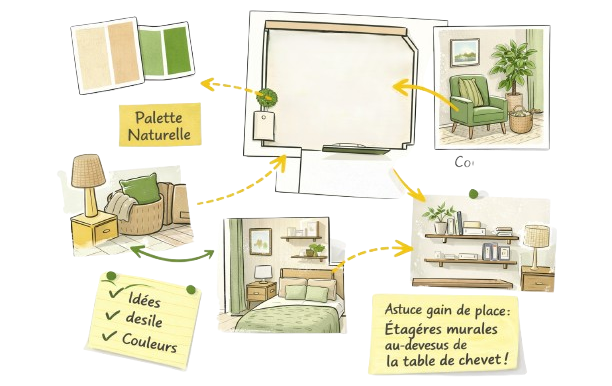 Planche d’inspiration pour optimiser une chambre avec mobilier existant et conseils d’aménagement à Toulouse.