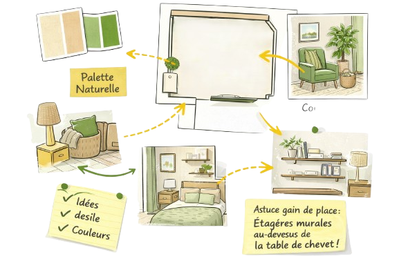 Planche d’inspiration pour optimiser une chambre avec mobilier existant et conseils d’aménagement à Toulouse.