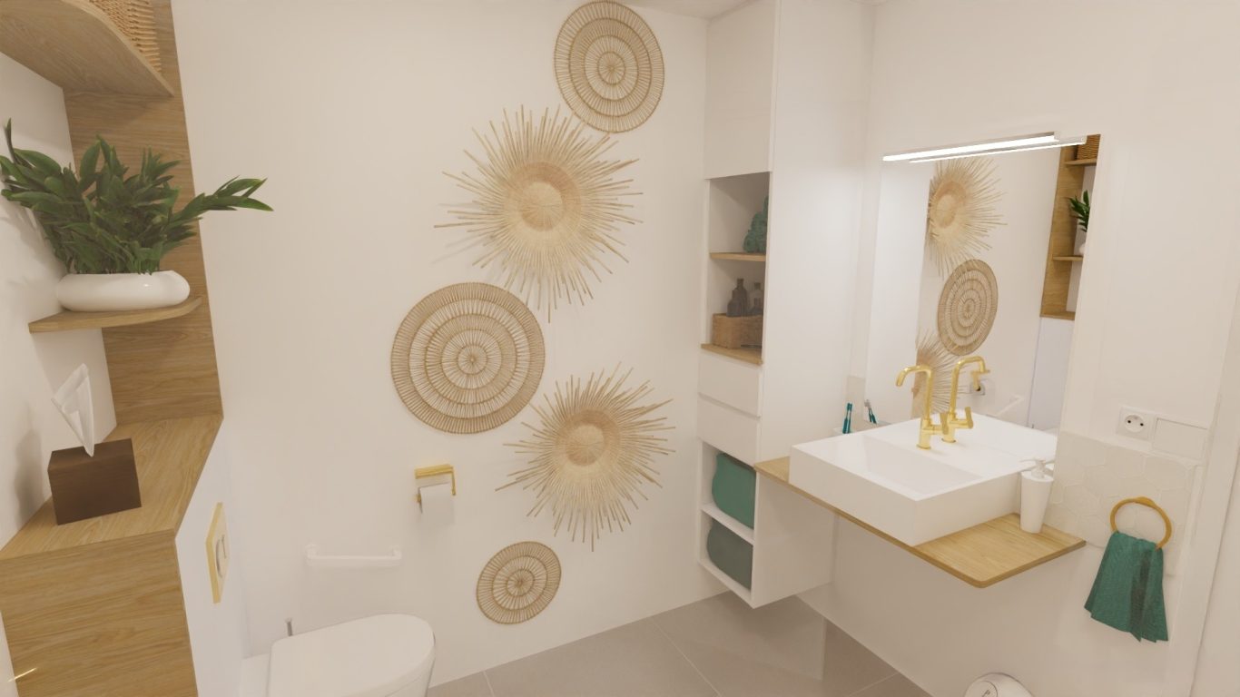 Salle d’eau fonctionnelle et esthétique adaptée PMR Conception en photos réalistes de l'aménagement de la salle d'eau adapté PMR pour une maison en construction dans le Lauragais.