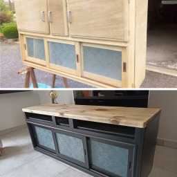Détournement d'un haut de buffet en meuble TV chic et authentique.