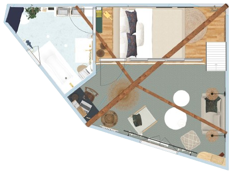 La vue d'ensemble permet de prendre du recul sur l'aménagement des espaces. Salle de bain, chambre avec coin cosy et mezzanine s'harmonisent