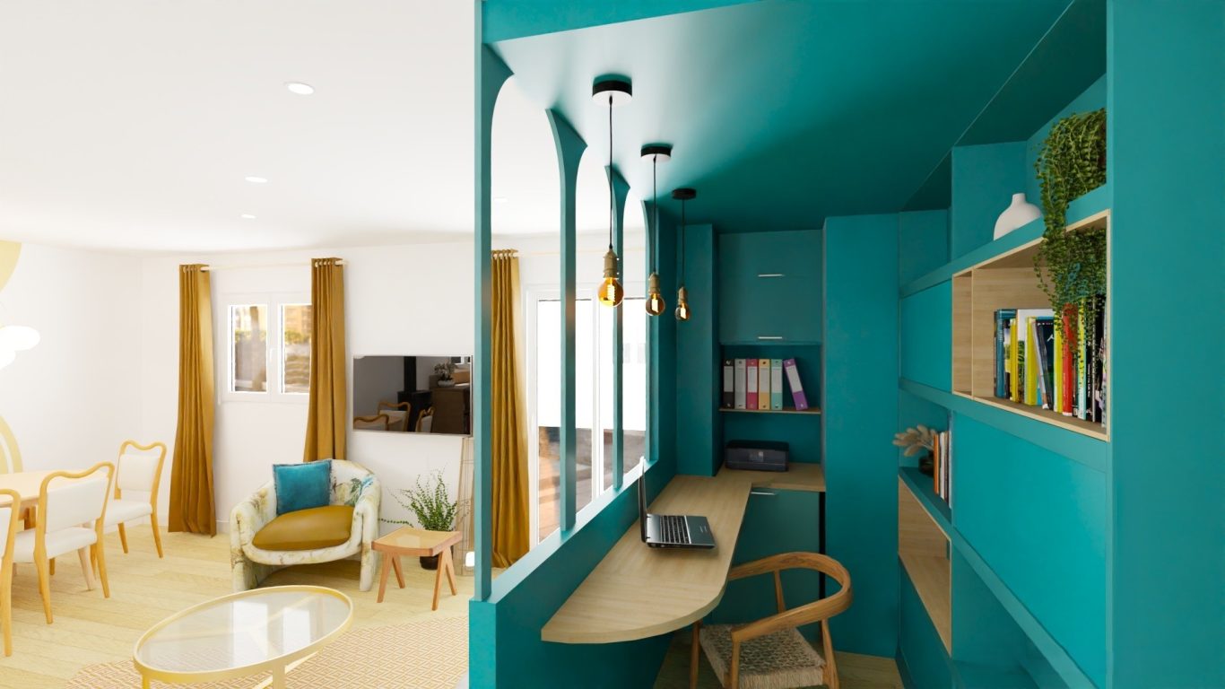 Aménagement et décoration d’un bureau semi ouvert coloré Aménagement d’un espace bureau dans une pièce de vie optimisée à Toulouse