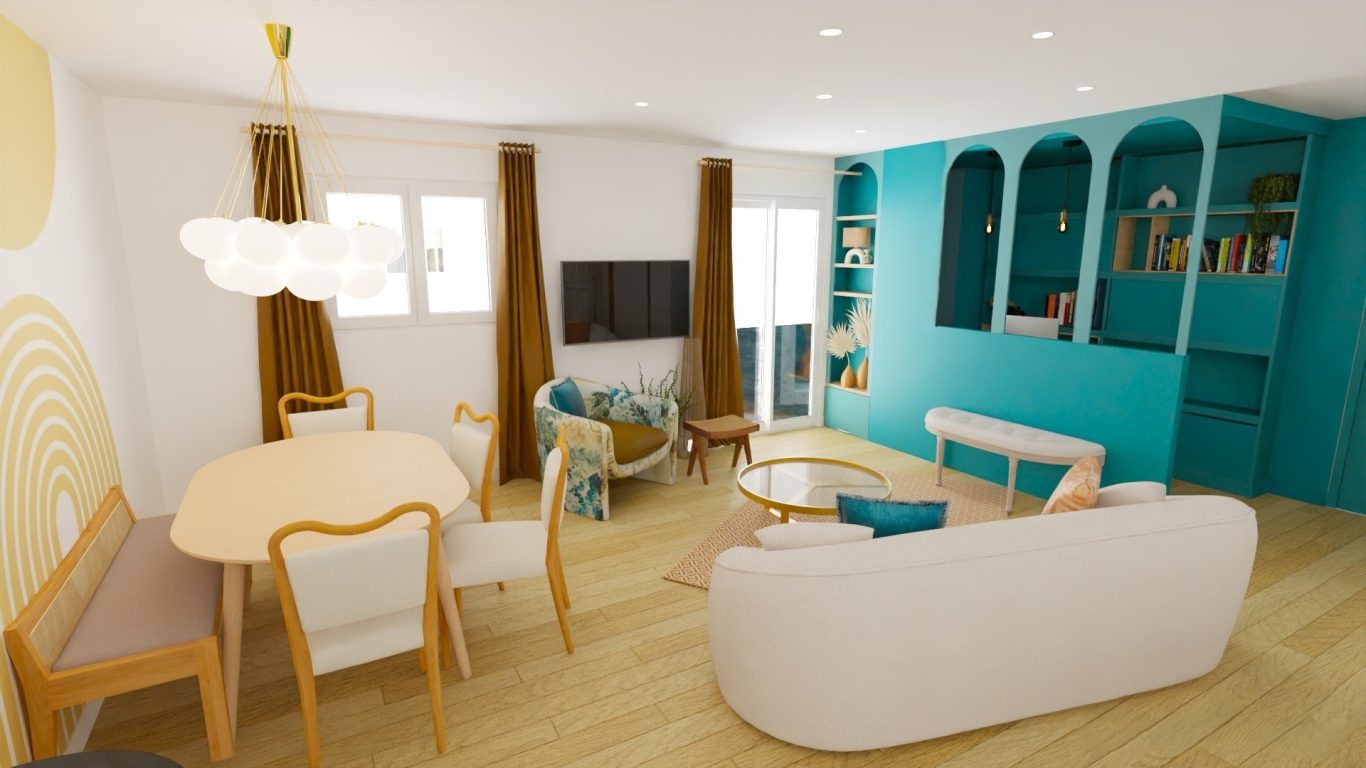 Visuel 3D d'une rénovation totale de la pièce de vie Aménagement intérieur d’une pièce de vie avec un espace bureau semi-ouvert, offrant caractère et fonctionnalité à cette maison toulousaine.