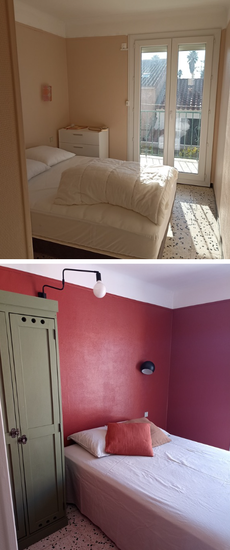 Cette chambre insipide s'affirme avec ses murs teintés. L'ancien vestiaire en bois restauré et le linge de lit naturel complètent l'ensemble