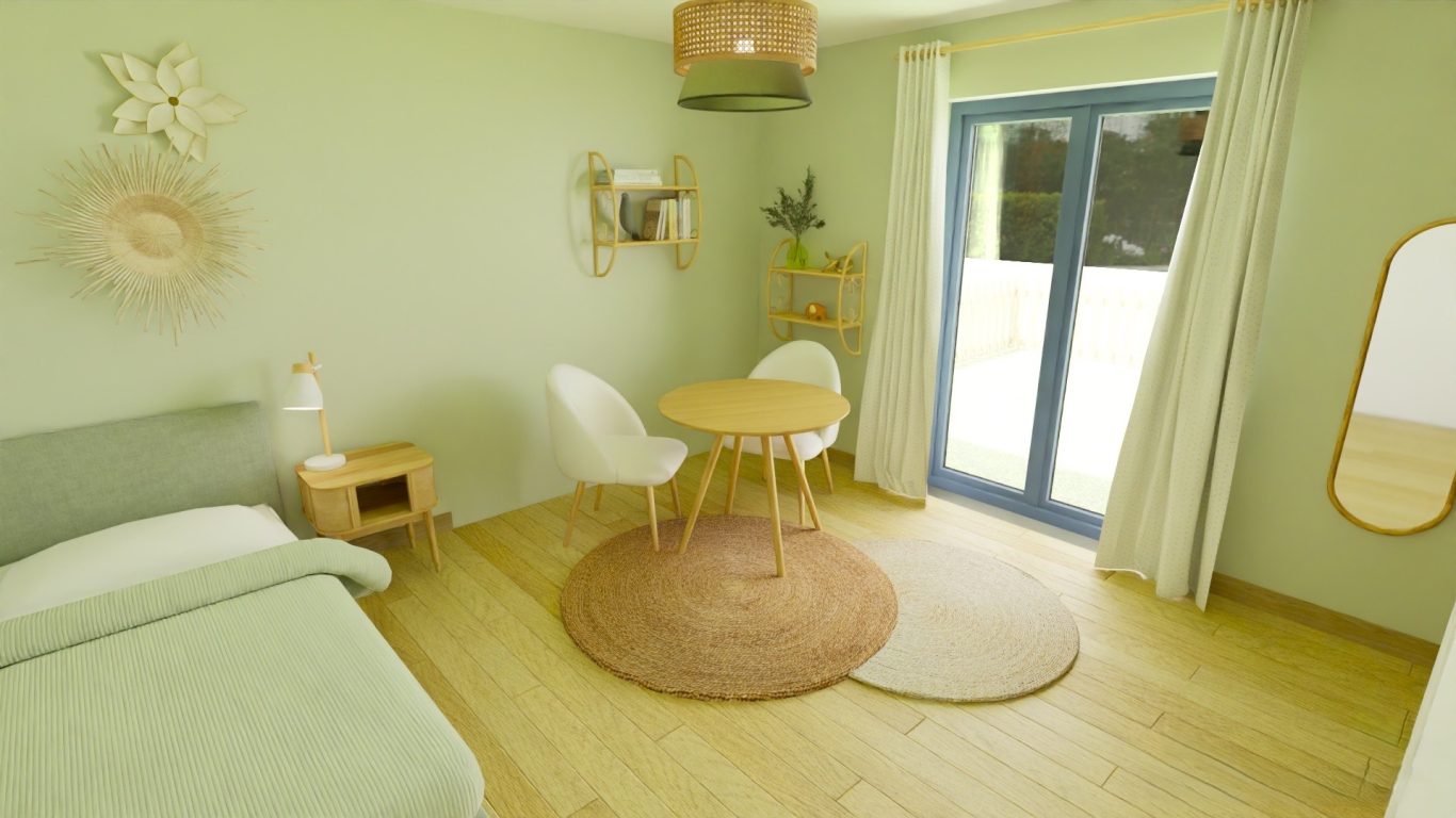 Zones identifiées pour chaque fonction de la chambre. Projet d'aménagement et décoration intérieure pour les chambres individuelles - Construction dans le Lauragais.