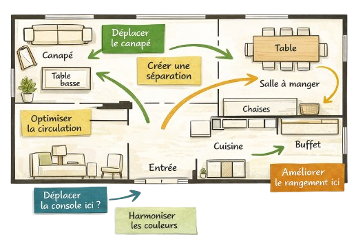 Analyse globale de l’aménagement d’un intérieur pour améliorer circulation et cohérence des espaces à Toulouse.