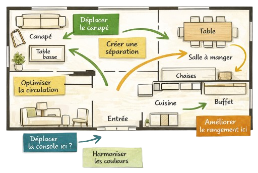 Analyse globale de l’aménagement d’un intérieur pour améliorer circulation et cohérence des espaces à Toulouse.
