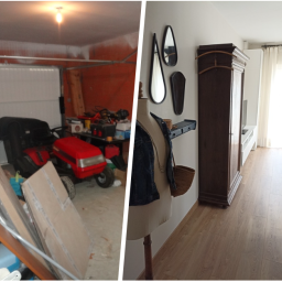 Conception d'un espace parental chaleureux. La tondeuse et les outils laissent place à des meubles et matériaux authentiques.