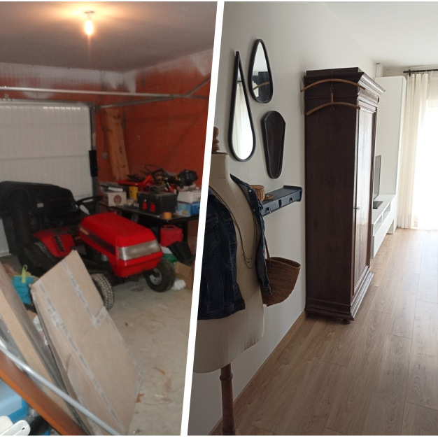 Conception d'un espace parental chaleureux. La tondeuse et les outils laissent place à des meubles et matériaux authentiques.