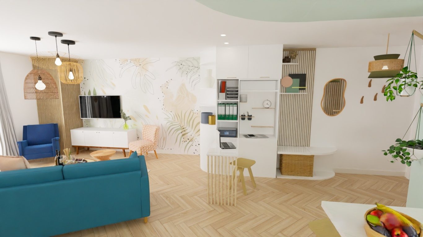 Meuble sur-mesure optimisé pour le stockage et le télétravail. Conception sur-mesure d'un module dans la pièce de vie - aménagement d'un bureau amovible